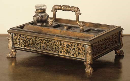 A GEORGE IV BOULLE BRASS-INLAID EBONY ENCRIER