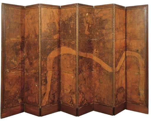 A GEORGE II PLAN OF LONDON MOUNTED ON A VICTORIAN MAHOGANY EIGHT-LEAF SCREEN