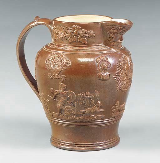 A LARGE BROWN SALTGLAZED STONEWARE JUG