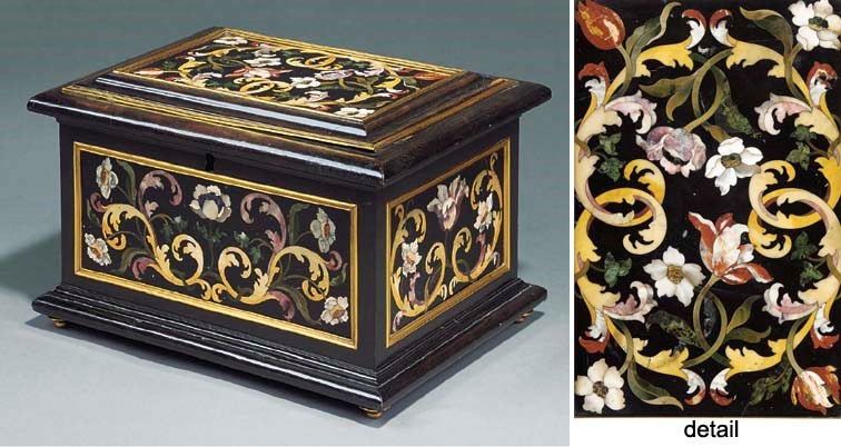 A FLORENTINE PIETRA DURA, GILT-BRASS-MOUNTED EBONISED AND OLIVEWOOD CASKET