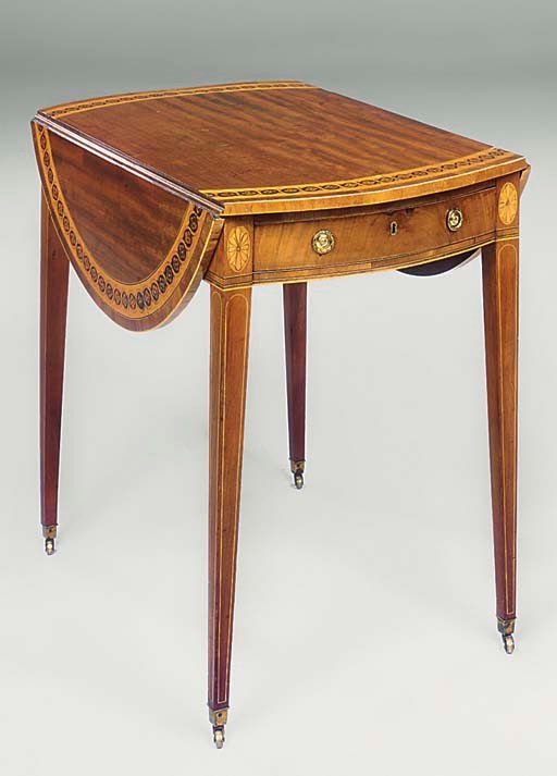 A GEORGE III MAHOGANY AND MARQUETRY OVAL PEMBROKE TABLE