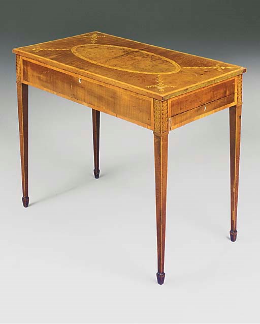 A GEORGE III HAREWOOD, SATINWOOD, AMBOYNA, PENWORK AND MARQUETRY CENTRE TABLE