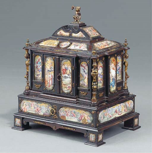 A VIENNESE GILT-BRASS AND ENAMEL MOUNTED EBONISED CASKET