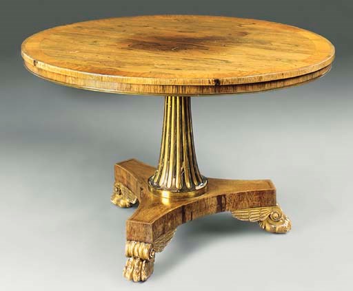 A REGENCY ROSEWOOD, SATINWOOD, SIMULATED ROSEWOOD AND PARCEL-GILT CIRCULAR CENTRE TABLE