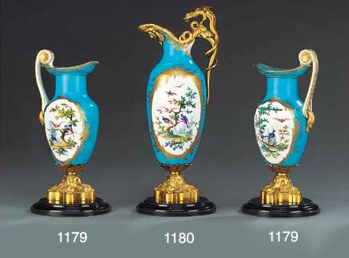 A SEVRES (LATER-DECORATED) GILT-METAL-MOUNTED EWER
