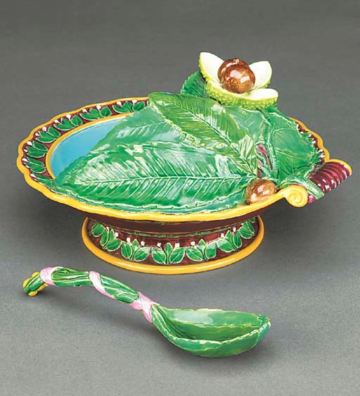 A MINTON MAJOLICA CHESNUT-DISH AND SPOON