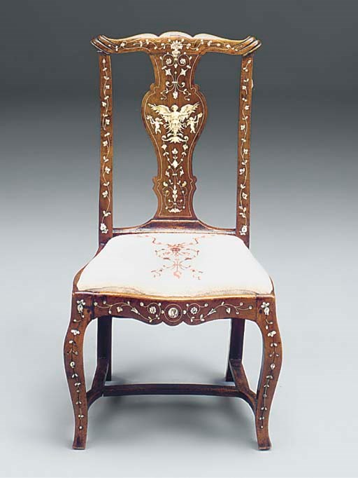 AN ITALIAN WALNUT AND IVORY INLAID CHAIR