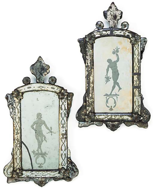 A Pair of Venetian etched and cut glass looking glasses