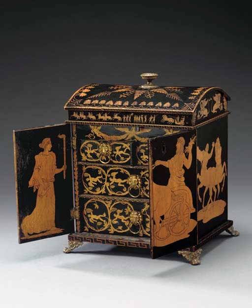 A REGENCY PENWORK JEWELRY CASKET