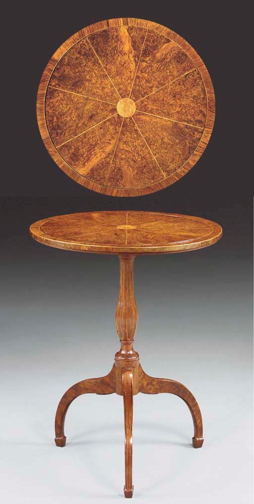 A LATE GEORGE III BURR-YEW AND ROSEWOOD TRIPOD TABLE