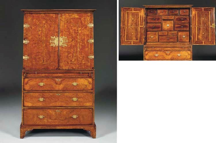 A GEORGE II STYLE FIGURED WALNUT, IVORY AND FRUITWOOD-INLAID ROSEWOOD CABINET-ON-CHEST**