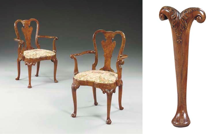 A PAIR OF GEORGE II WALNUT AND FIGURED WALNUT OPEN ARMCHAIRS