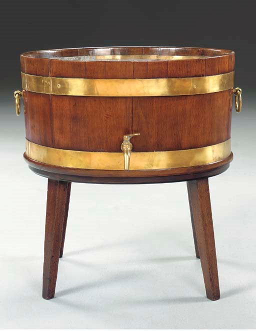 A GEORGE III BRASS-BOUND MAHOGANY WINE COOLER ON LATER STAND