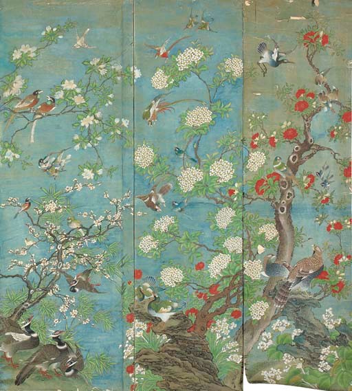 A SET OF CHINESE EXPORT PAINTED WALLPAPER PANELS