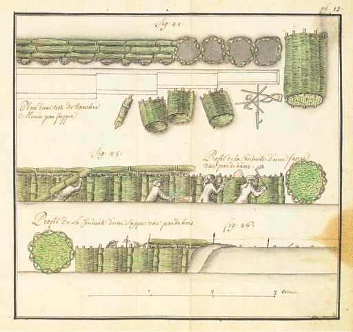 [VAUBAN]. Mémoire et instruction de Monsieur le Maréchal de Vauban pour l'attaque et la deffence des Places 1726. Manuscrit illustré. S.l.n.d. [vers 1750]. Titre et 411 pp. numérotées et 28 planches dessinées à l'encre et à l'aquarelle. In-4 (232 x 180 mm). (Pâles rousseurs, une tache brune affecte l'ensemble des feuillets du manuscrit mais touche surtout la marge extérieure, petits trous de vers dans la charnière, petite déchirure à la table ff. 53/54 avec manque d'un chiffre). Reliure de l'époque en vélin vert, (petites usures aux coins et sur les coupes, quelques trous de vers au dos). Provenance: duc de Liancourt (ex-libris)