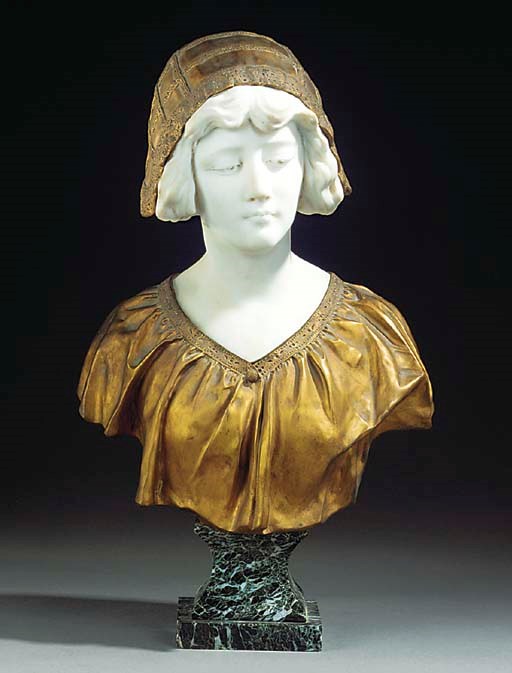 AN FRENCH WHITE MARBLE AND GILT BRONZE BUST OF A LADY