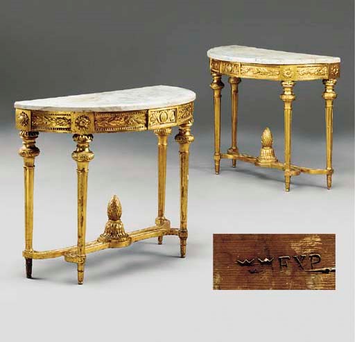 A PAIR OF SWEDISH GILTWOOD CONSOLE TABLES