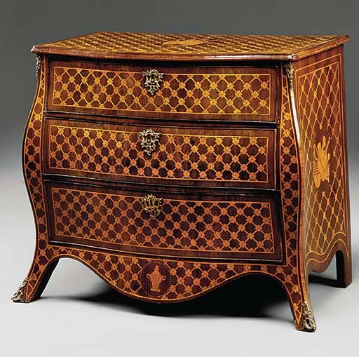 A DUTCH MAHOGANY AND MARQUETRY BOMBE COMMODE