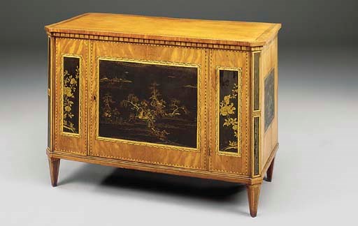 A DUTCH SATINWOOD MARQUETRY AND GILT LACQUERED COMMODE