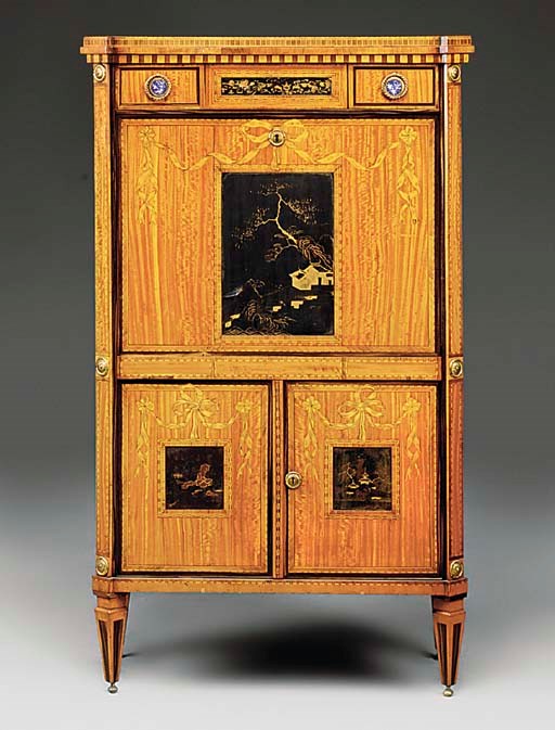 A DUTCH SATINWOOD MARQUETRY AND GILT LACQUERED SECRETAIRE