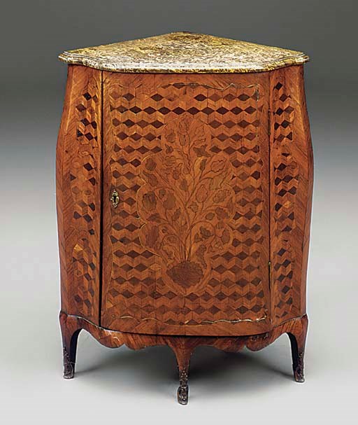 A LOUIS XV PARQUETRY AND MARQUETRY ENCOIGNURE