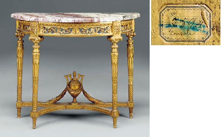 A CARVED GILTWOOD DEMI LUNE CONSOLE