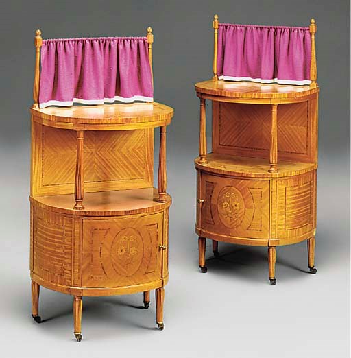 A PAIR OF FRENCH SATINWOOD, TULIPWOOD CROSSBANDED AND MARQUETRY D-SHAPED POT CUPBOARDS