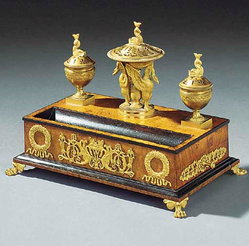 A FRENCH GILT BRONZE AND BURR BIRCH INK STAND