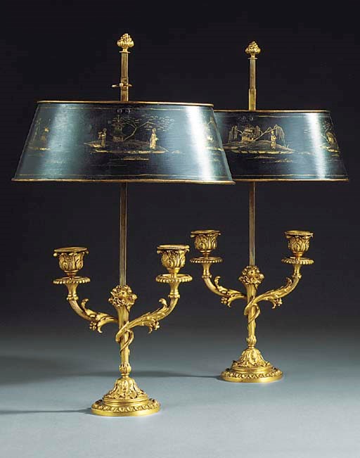 A PAIR OF GILT BRONZE AND TOLE PEINTE BOUILLOTTE LAMPS