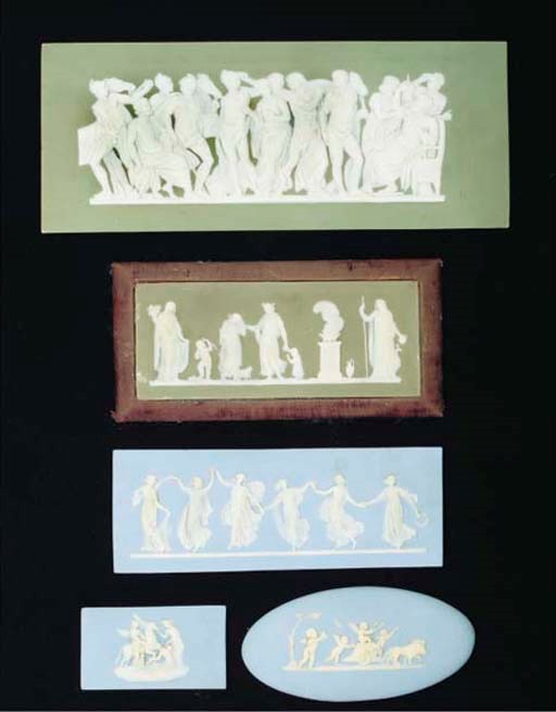A Wedgwood rectangular green-dipped plaque and four various plaques similar