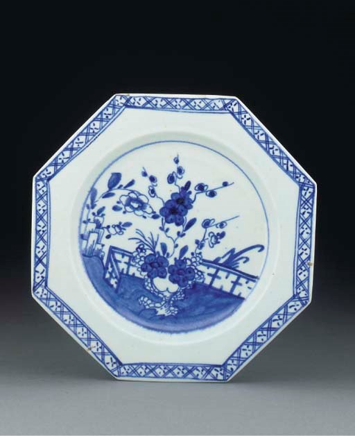 A Bow blue and white octagonal plate
