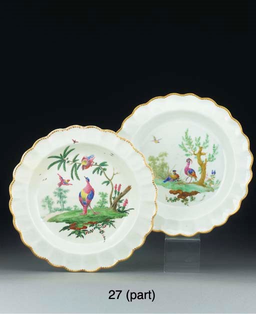 A Lambeth delft polychrome dish and three plates