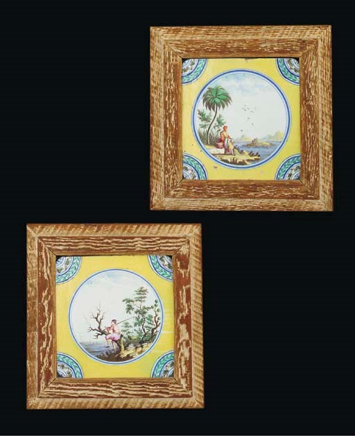 A pair of Doccia faience yellow-ground square landscape tiles