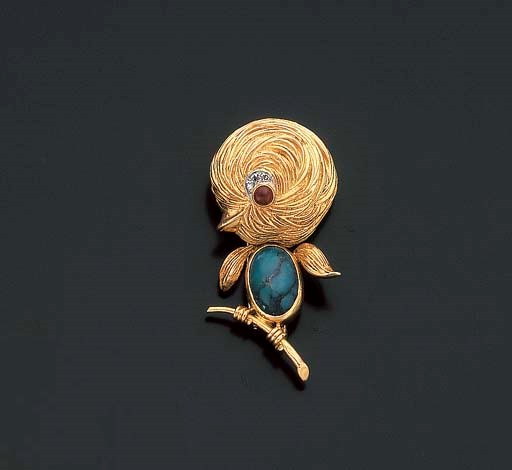 CLIP OISILLON TURQUOISE, RUBIS ET DIAMANTS, PAR VAN CLEEF & ARPELS