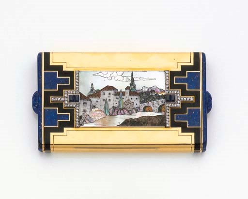 NECESSAIRE ART DECO EMAIL, LAPIS-LAZULI, NACRE, SAPHIRS ET DIAMANTS