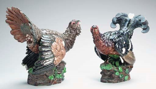 TWO CONTINENTAL TIN-GLAZED EARTHENWARE MODELS OF GAME BIRDS,