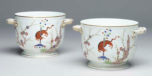 A PAIR OF CONTINENTAL PORCELAIN TWO-HANDLED CACHEPOTS,