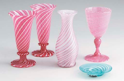 FIVE FRENCH LATTICINIO GLASS OBJECTS,