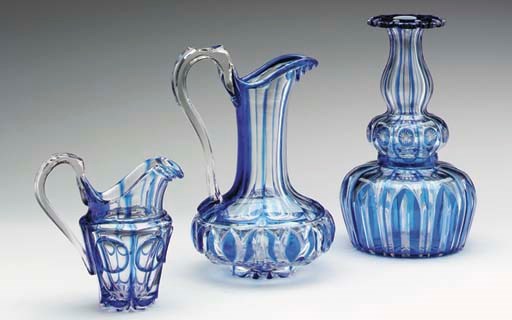 THREE CONTINENTAL COBALT-BLUE OVERLAY GLASS TABLEWARES,