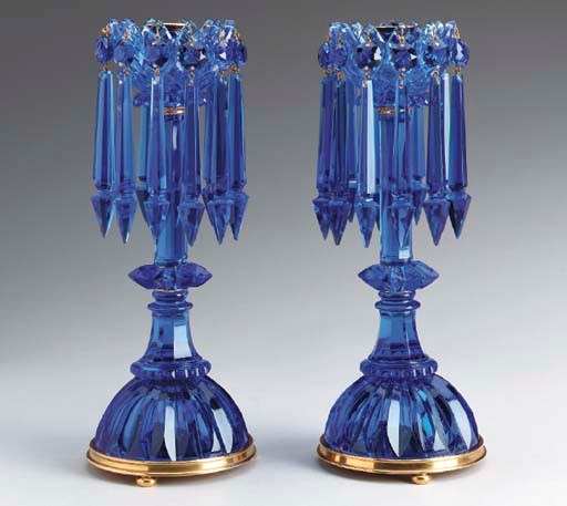 A PAIR ENGLISH (F & C OSLER) GILT-BRONZE MOUNTED COBALT-BLUE LUSTRES,