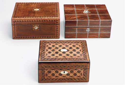 A GROUP OF THREE VICTORIAN MARQUETRY INLAID TABLE BOXES,