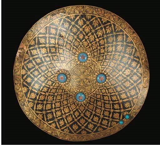 A VICTORIAN PAPIER MACHE CIRCULAR SHIELD,