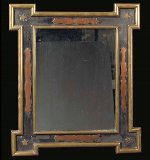 A VICTORIAN STEEL, COPPER, AND BRASS WALL MIRROR,