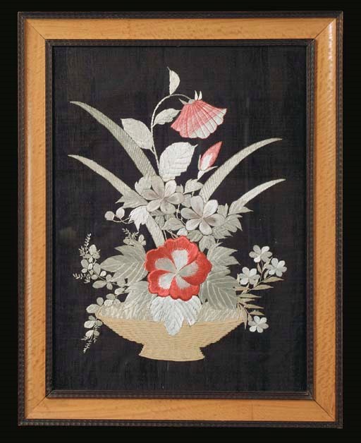 A VICTORIAN SILK WORK PICTURE, FRAMED AND GLAZED,
