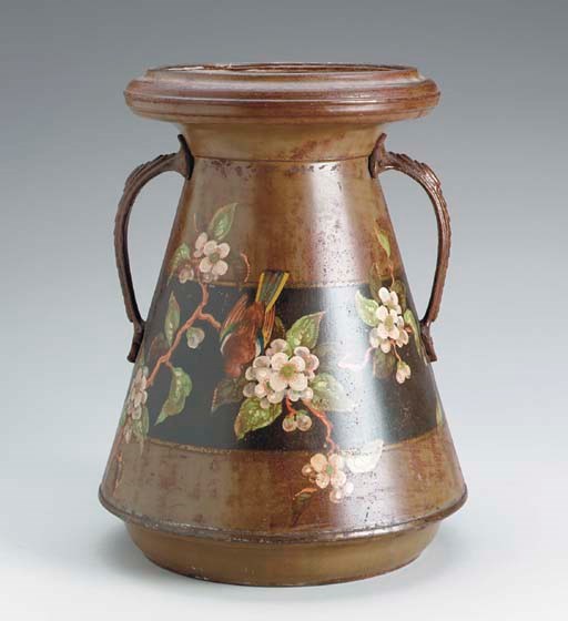 A VICTORIAN TOLE PEINTE DOUBLE-HANDLED JUG TOGETHER WITH A TOLE PEINTE HAT BOX AND COVER AND AN ORANGE PAINTED WOODEN CIDER JUG,