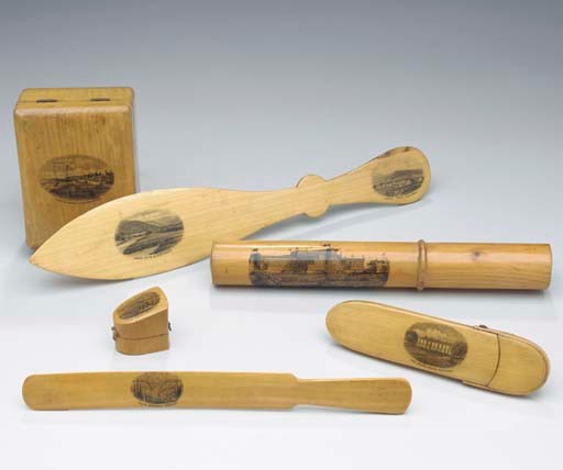 A GROUP OF SCOTTISH TRANSFER DECORATED WOODEN WARES,