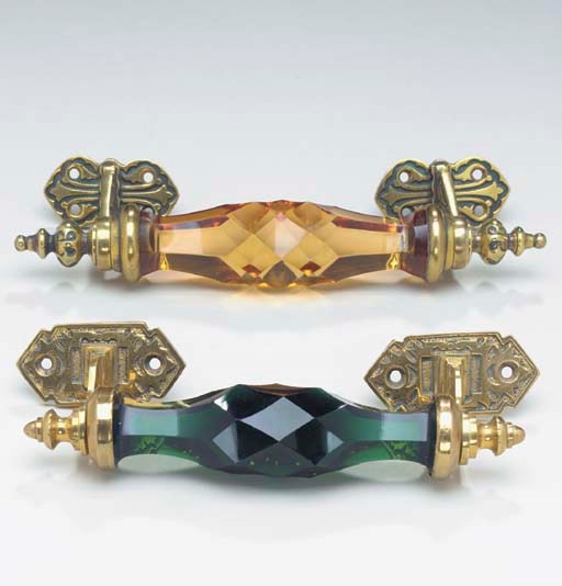 A GROUP OF VICTORIAN BRASS AND CUT GLASS HARDWARE ELEMENTS,