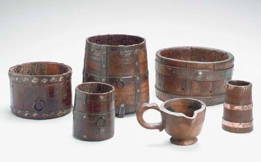 A GROUP OF SIX VICTORIAN VARIOUS HARDWOOD JARDINIERE AND MEASURES,