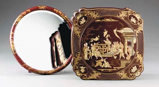 A CHINESE LACQUER BOX AND COVER TOGETHER WITH TWO JAPANNED CIRCULAR MIRRORS AND A JAPANNED WALL HOOK,