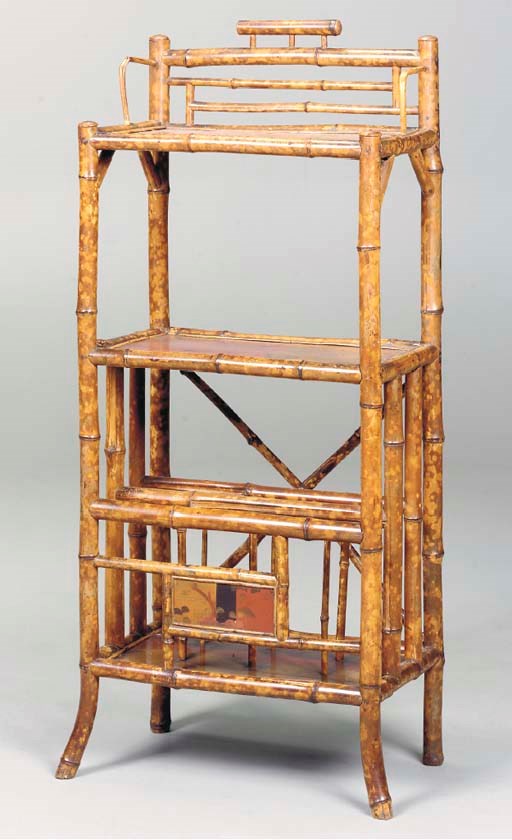 A VICTORIAN BAMBOO AND LACQUER MOUNTED ETAGERE MAGAZINE RACK,